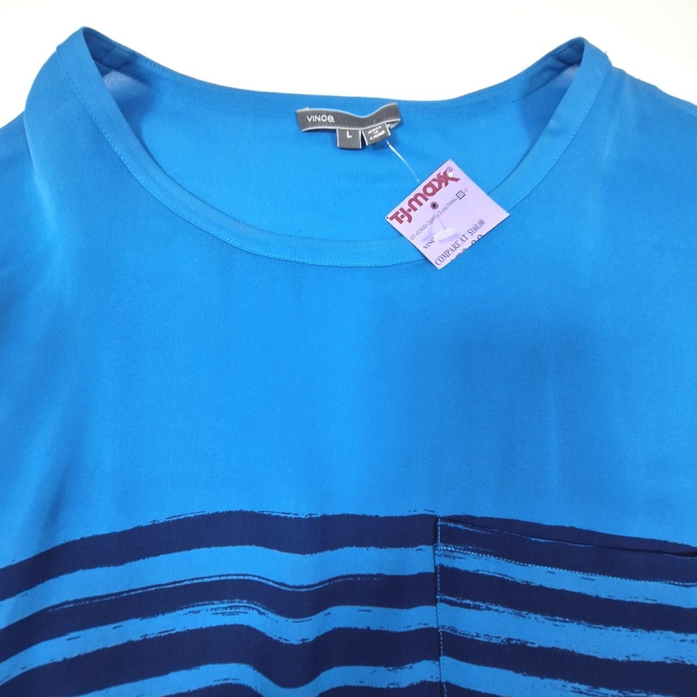 Vince Blouse Womens Large Blue Striped Colorblock 100% Silk Short Sleeve Top - Picture 2 of 10